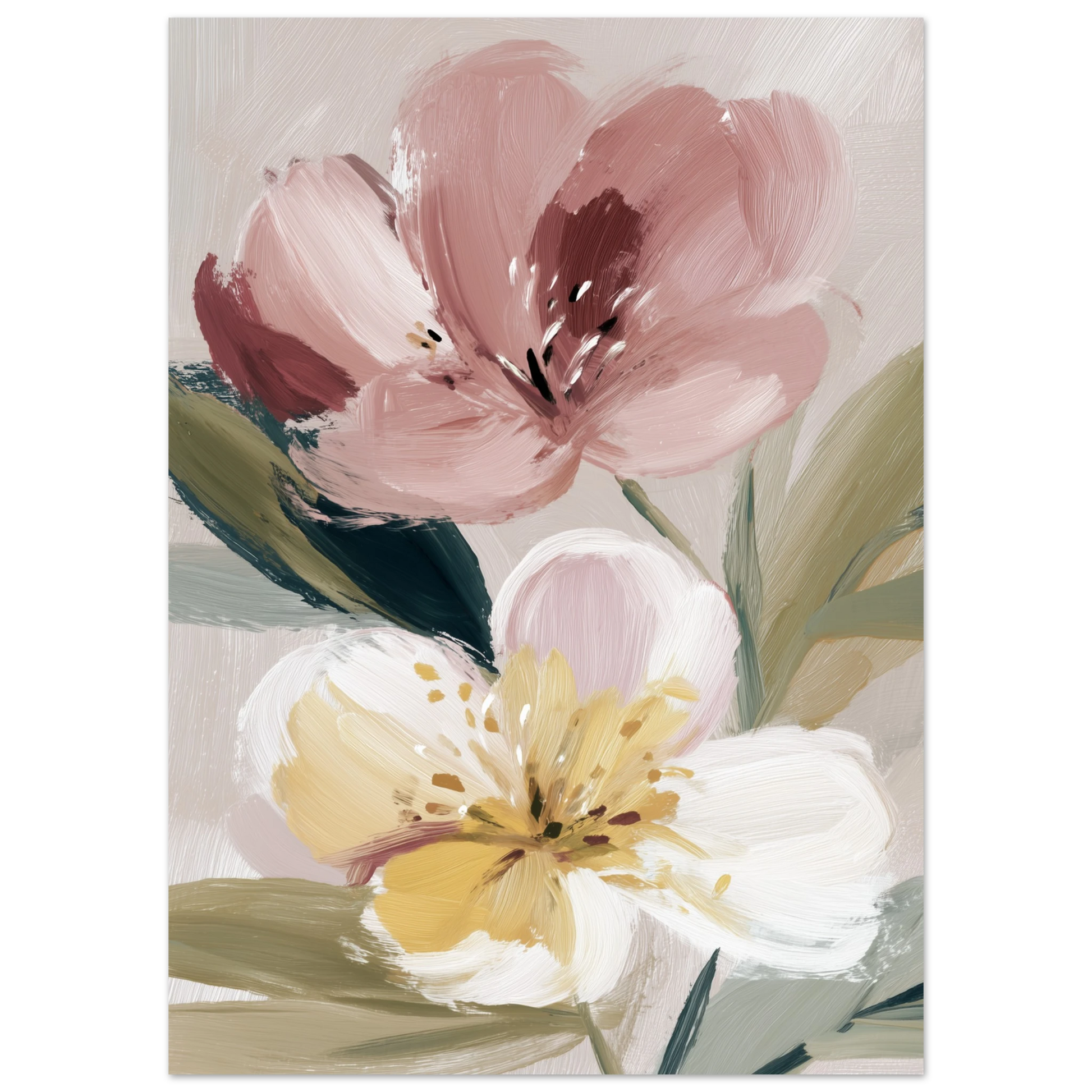 Abstrakt oljemålning av mjuka blommor i beige, krämvit och puderrosa med synliga penseldrag och taktil textur i Japandi-stil.