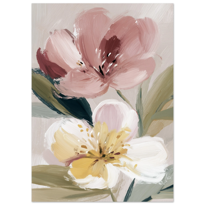 Abstrakt oljemålning av mjuka blommor i beige, krämvit och puderrosa med synliga penseldrag och taktil textur i Japandi-stil.