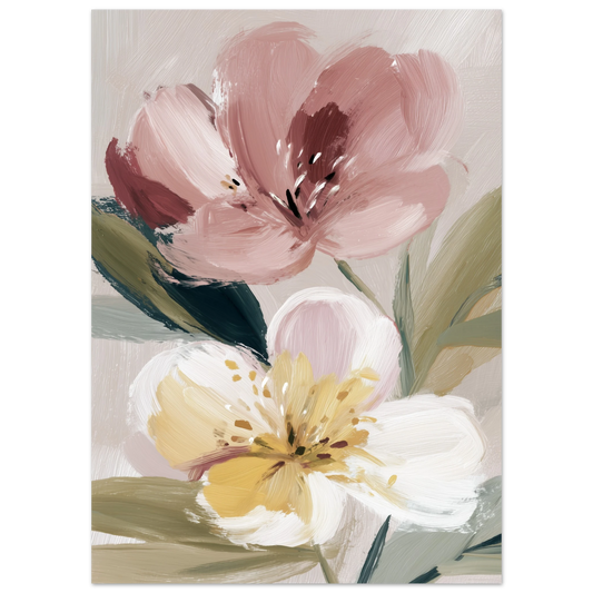 Abstrakt oljemålning av mjuka blommor i beige, krämvit och puderrosa med synliga penseldrag och taktil textur i Japandi-stil.