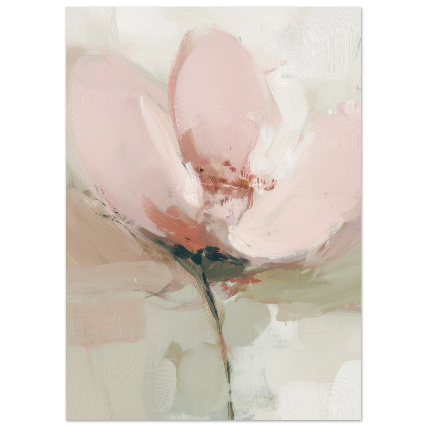 Abstrakt oljemålning av mjuka blommor i beige, krämvit och puderrosa med synliga penseldrag och taktil textur i Japandi-stil.