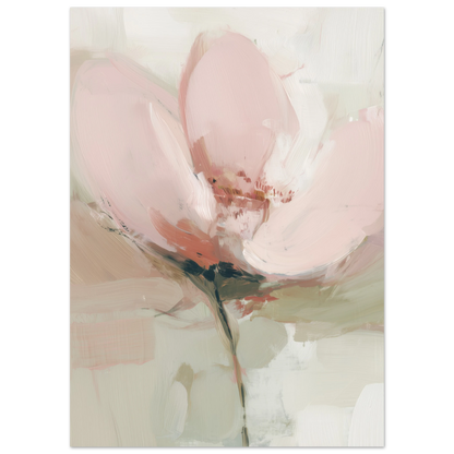 Abstrakt oljemålning av mjuka blommor i beige, krämvit och puderrosa med synliga penseldrag och taktil textur i Japandi-stil.