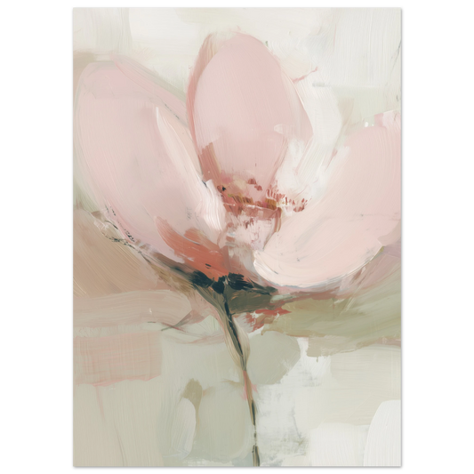 Abstrakt oljemålning av mjuka blommor i beige, krämvit och puderrosa med synliga penseldrag och taktil textur i Japandi-stil.