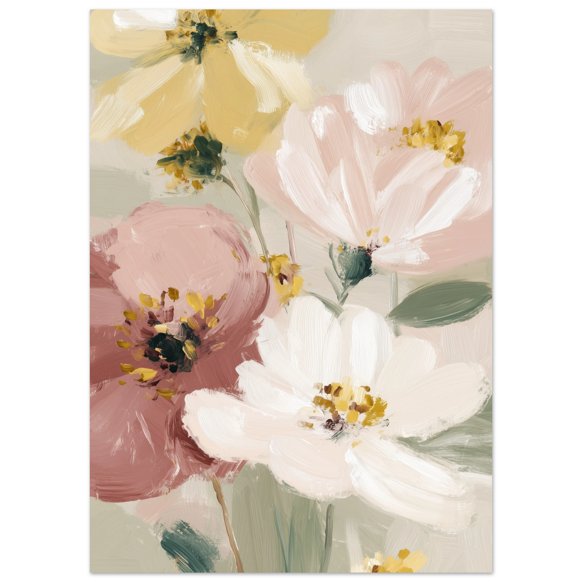 Abstrakt oljemålning av mjuka blommor i beige, krämvit och puderrosa med synliga penseldrag och taktil textur i Japandi-stil.
