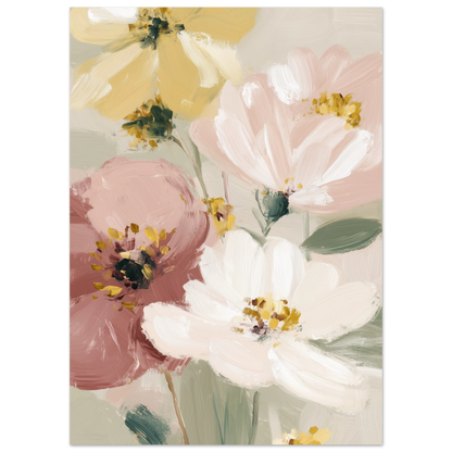 Abstrakt oljemålning av mjuka blommor i beige, krämvit och puderrosa med synliga penseldrag och taktil textur i Japandi-stil.