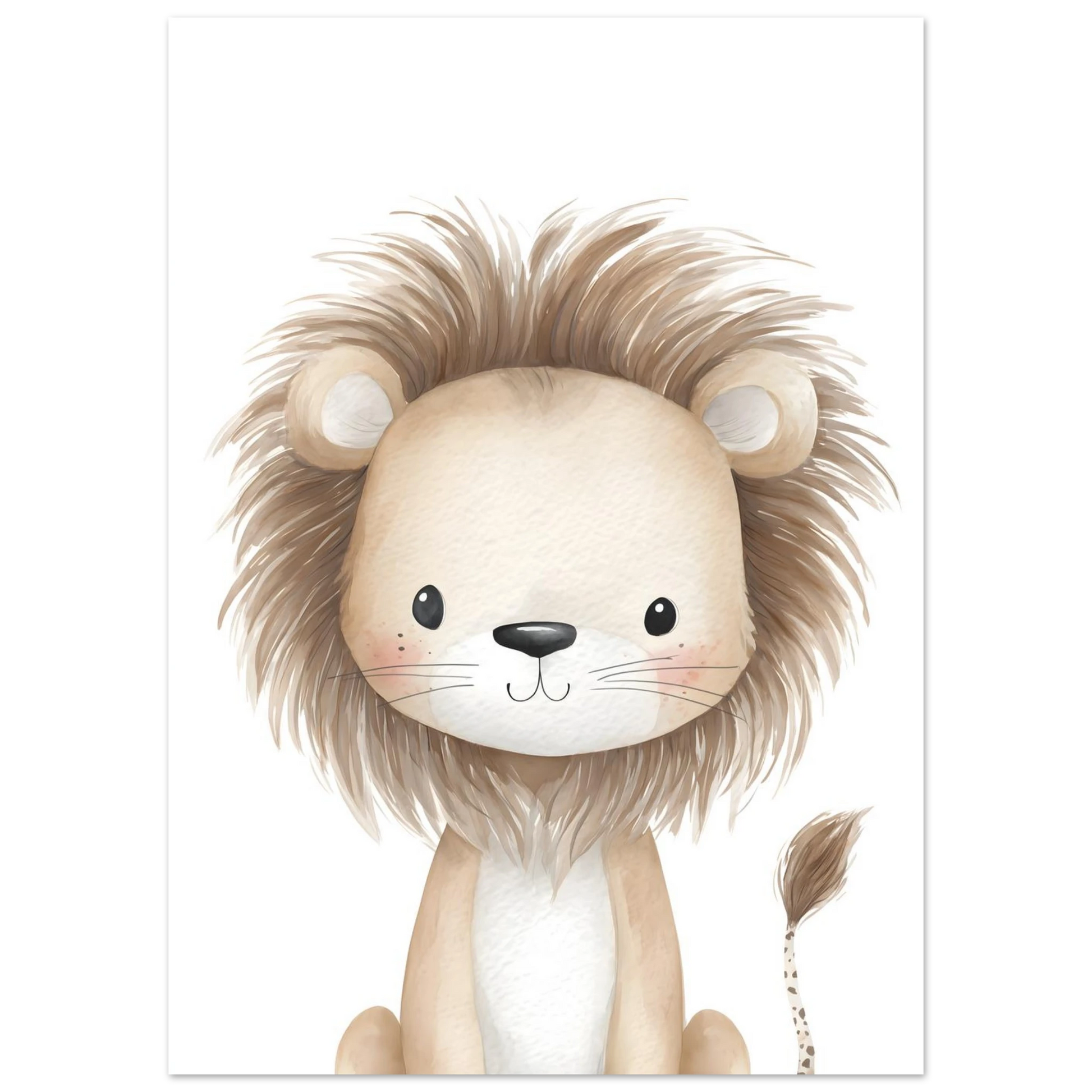Minimalistisk barntavla med ett snällt lejon vid namn Aslan i beige och jordnära toner, skandinavisk stil från Zenaia.