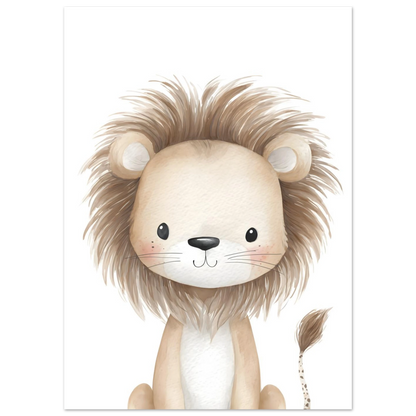 Minimalistisk barntavla med ett snällt lejon vid namn Aslan i beige och jordnära toner, skandinavisk stil från Zenaia.