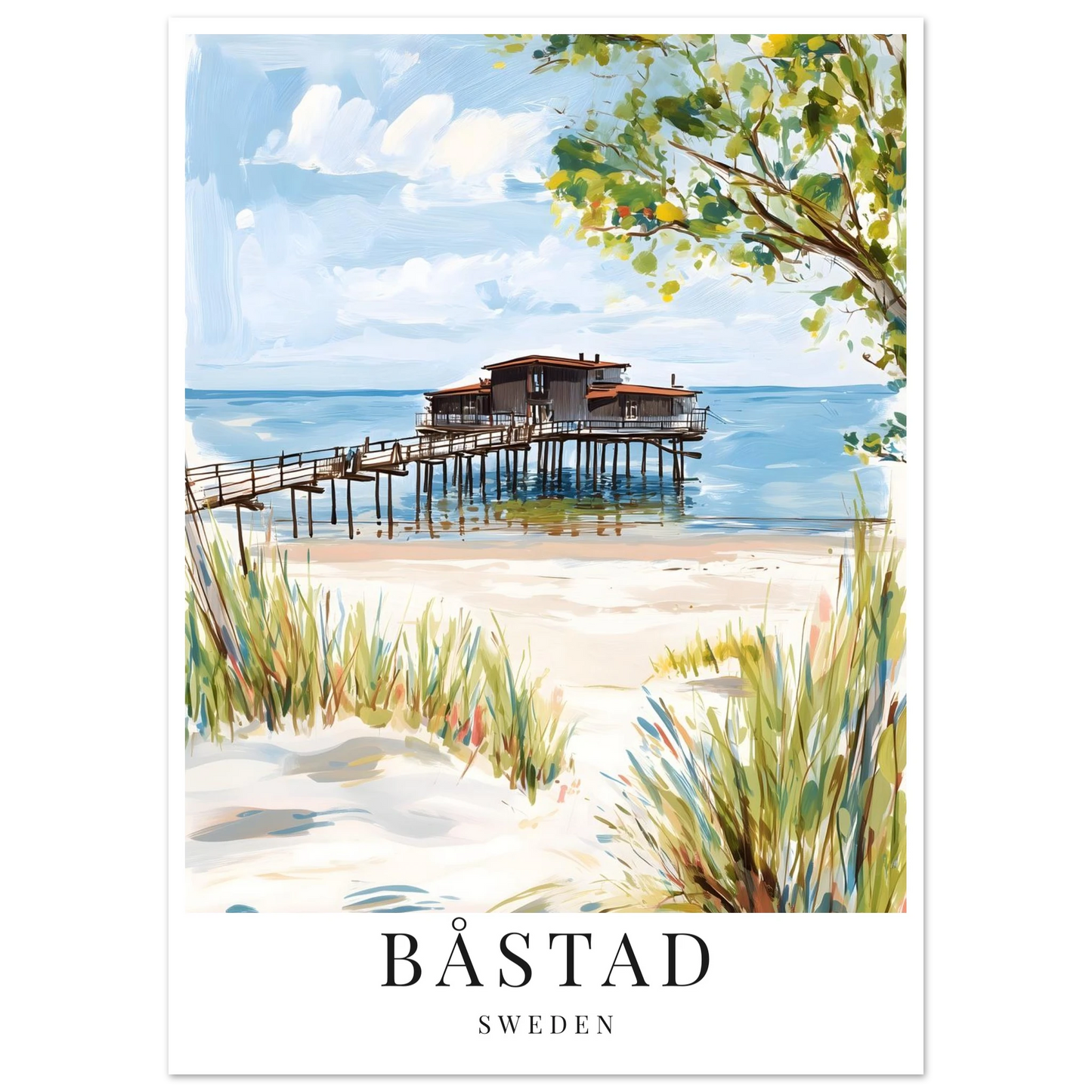 Gouache inspirerad poster av båstad och kallbadhuset