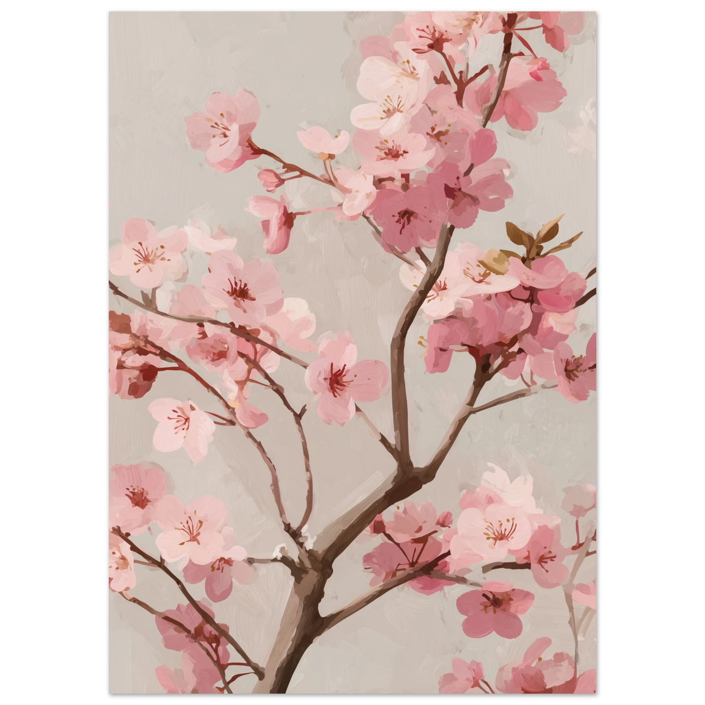 Oljemålning av en blommande körsbärsgren med skira rosa blommor och synliga penseldrag på en varm beige bakgrund i Japandi-stil.