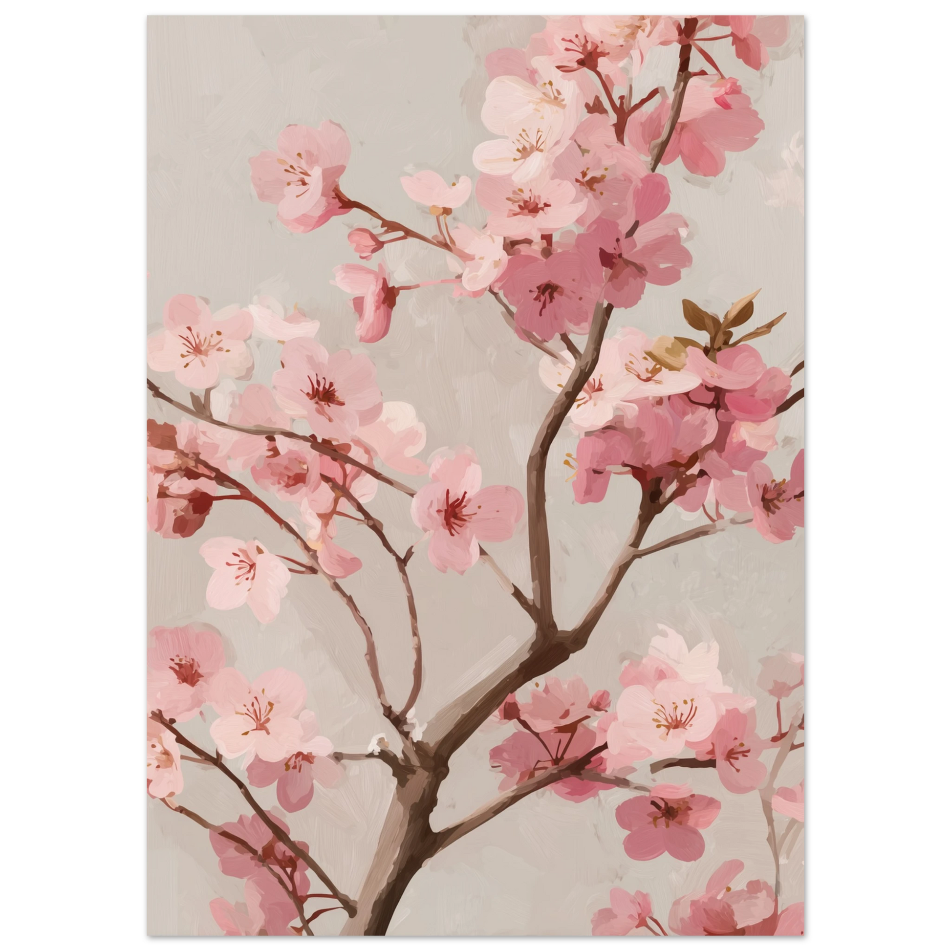 Oljemålning av en blommande körsbärsgren med skira rosa blommor och synliga penseldrag på en varm beige bakgrund i Japandi-stil.