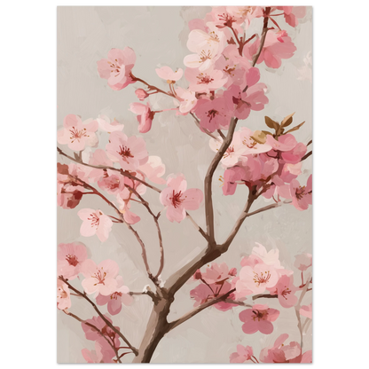Oljemålning av en blommande körsbärsgren med skira rosa blommor och synliga penseldrag på en varm beige bakgrund i Japandi-stil.