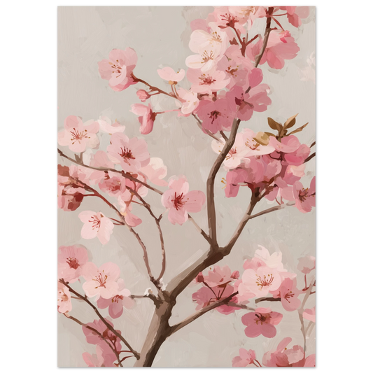 Oljemålning av en blommande körsbärsgren med skira rosa blommor och synliga penseldrag på en varm beige bakgrund i Japandi-stil.