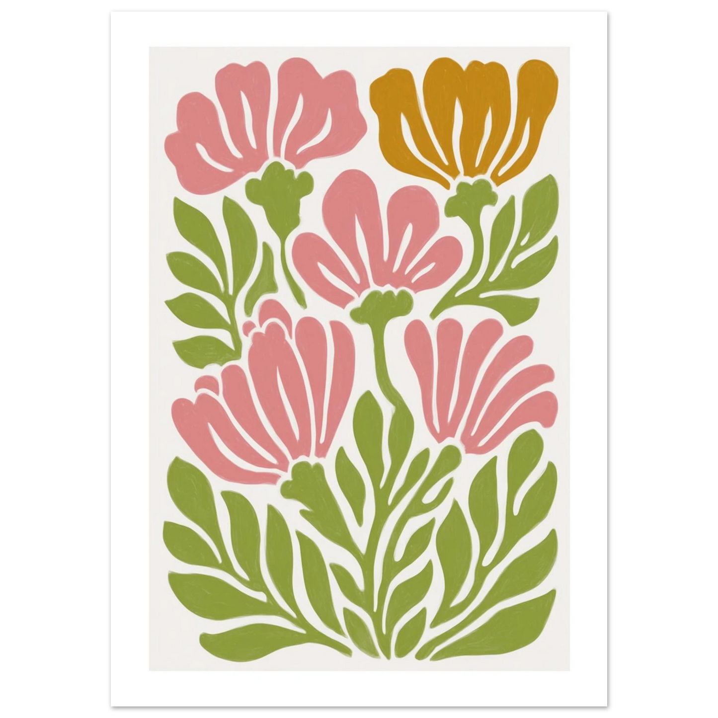 Grafisk illustration i Matisse-stil med abstrakta utskurna blomformer i rosa och grönt på beige bakgrund med en integrerad vit ram runt motivet.