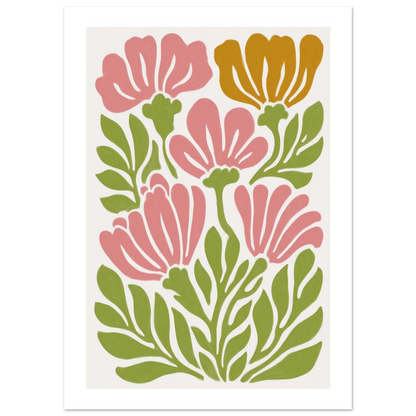Grafisk illustration i Matisse-stil med abstrakta utskurna blomformer i rosa och grönt på beige bakgrund med en integrerad vit ram runt motivet.