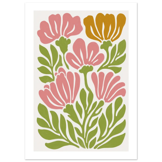 Grafisk illustration i Matisse-stil med abstrakta utskurna blomformer i rosa och grönt på beige bakgrund med en integrerad vit ram runt motivet.