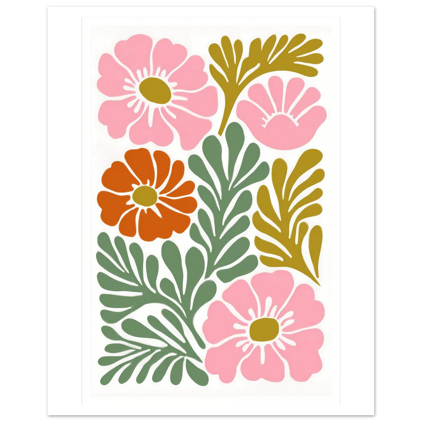 Grafisk illustration i Matisse-stil med abstrakta utskurna blomformer i rosa och grönt på beige bakgrund med en integrerad vit ram runt motivet.