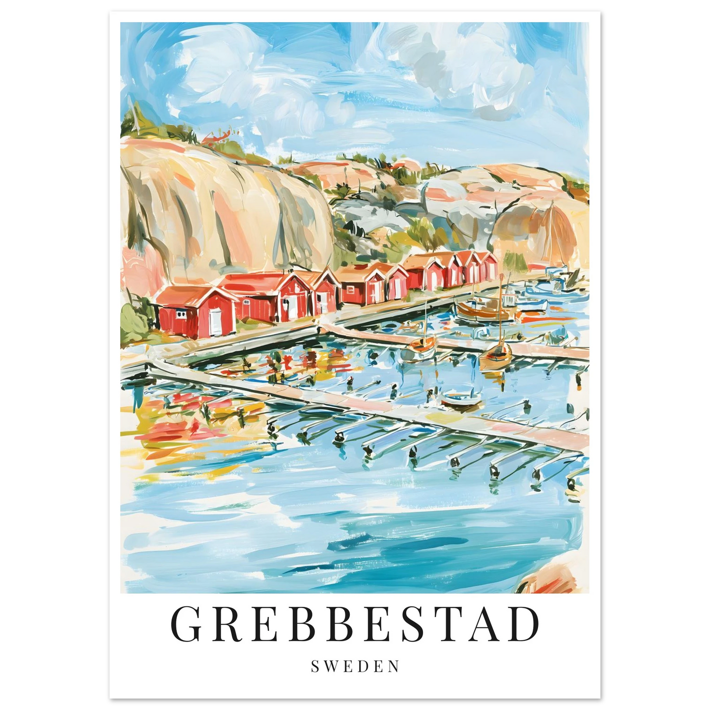 Gouache-inspirerad poster på grebbestad hamn i västkusten