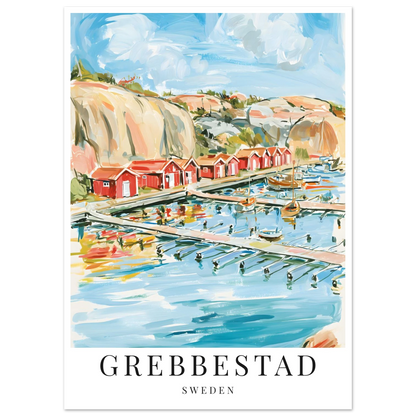 Gouache-inspirerad poster på grebbestad hamn i västkusten
