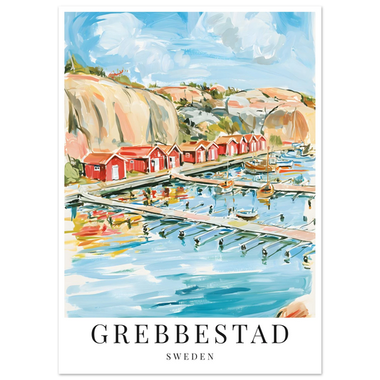 Gouache-inspirerad poster på grebbestad hamn i västkusten