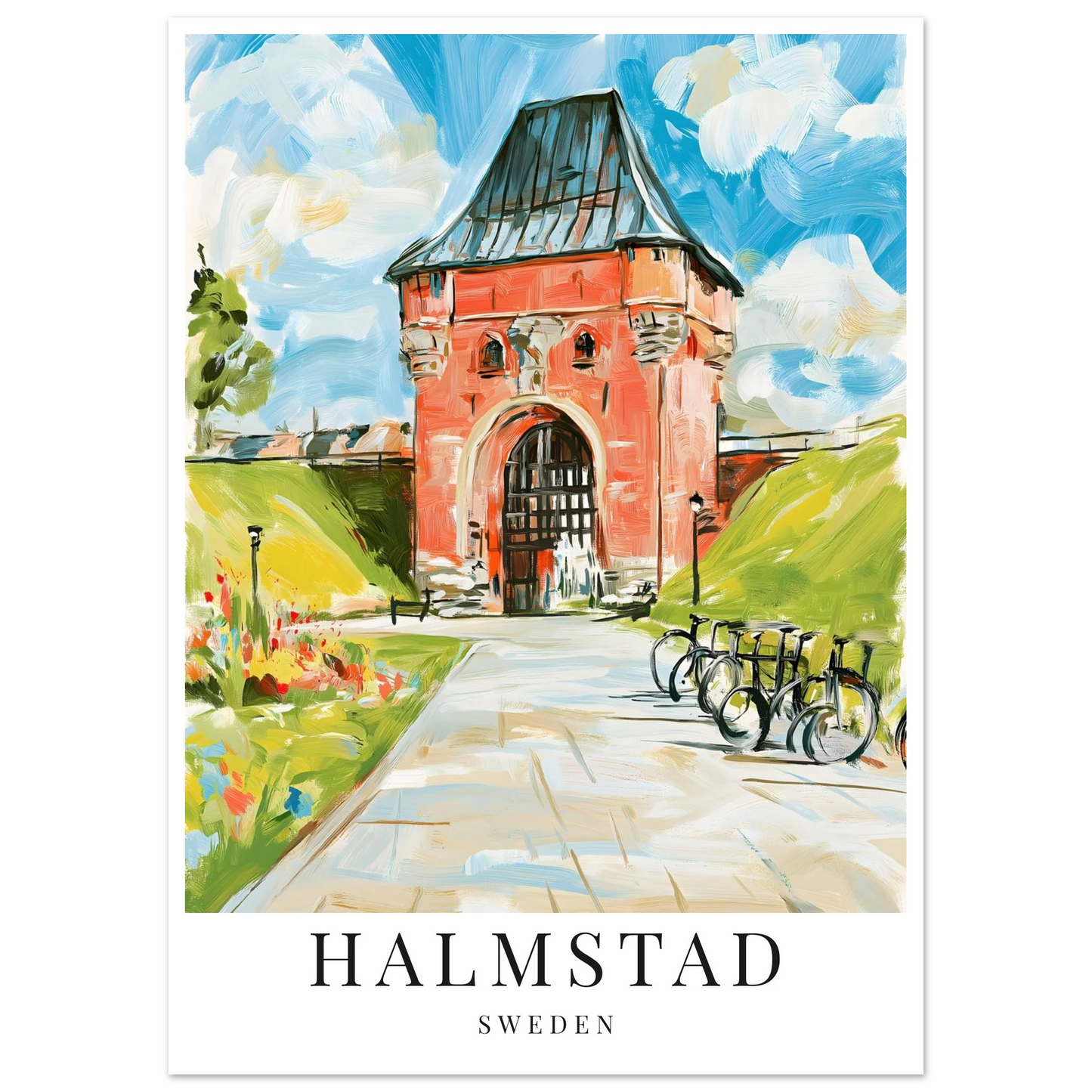 Poster inspirerat av norre porten i halmstad. Gouche-inspirerat stil