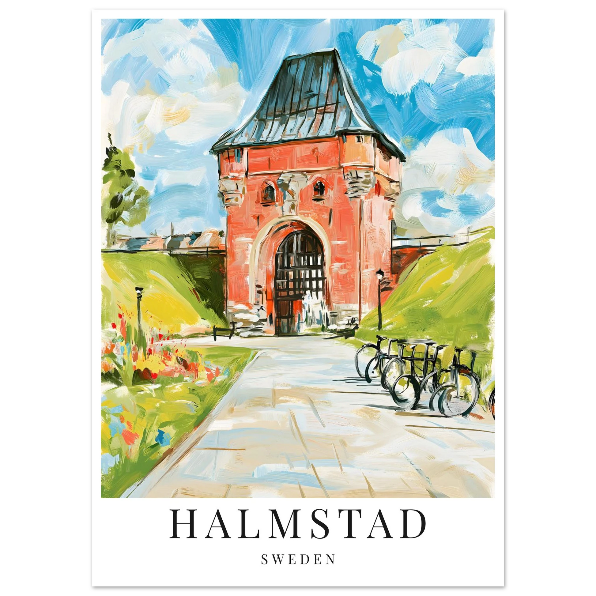 Poster inspirerat av norre porten i halmstad. Gouche-inspirerat stil
