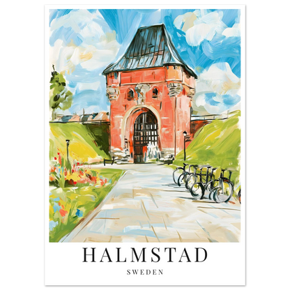 Poster inspirerat av norre porten i halmstad. Gouche-inspirerat stil