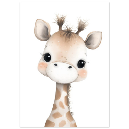 Minimalistisk barnposter föreställande giraffen Yasmin i mjuka sandfärger och beige, stilren barntavla i skandinavisk design från Zenaia.