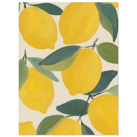 Oljemålning av mogna citroner under frodiga citronkvistar med gula frukter och gröna blad.