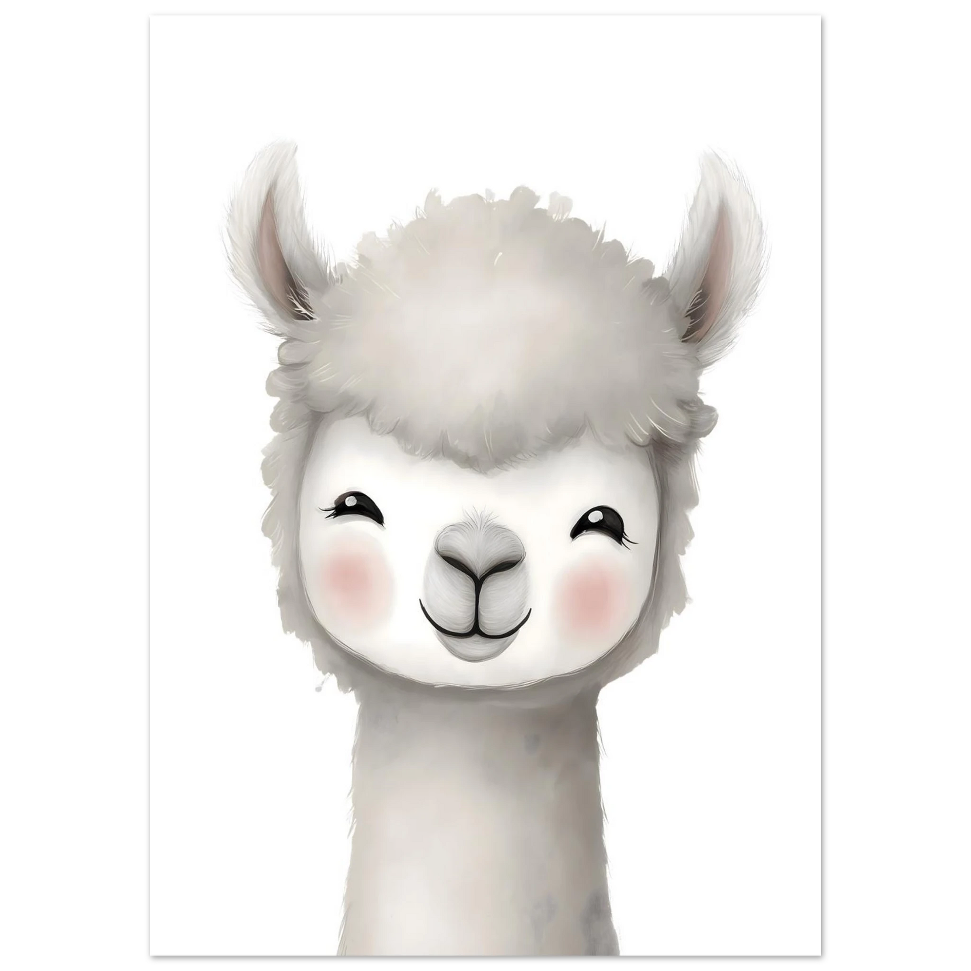 Minimalistisk barnposter med en söt lama vid namn Lulu i mjuka sandtoner och beige, stilren design för barnkammaren från Zenaia.