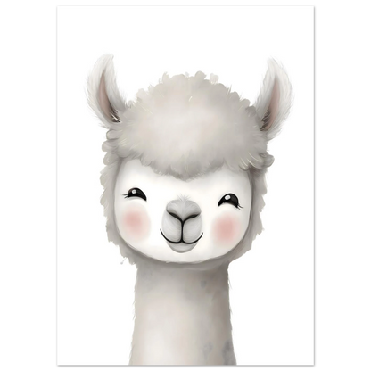 Minimalistisk barnposter med en söt lama vid namn Lulu i mjuka sandtoner och beige, stilren design för barnkammaren från Zenaia.