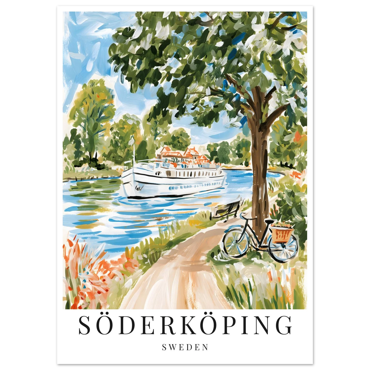 En gouache-inspirerad poster på göta kanalen i söderköping.