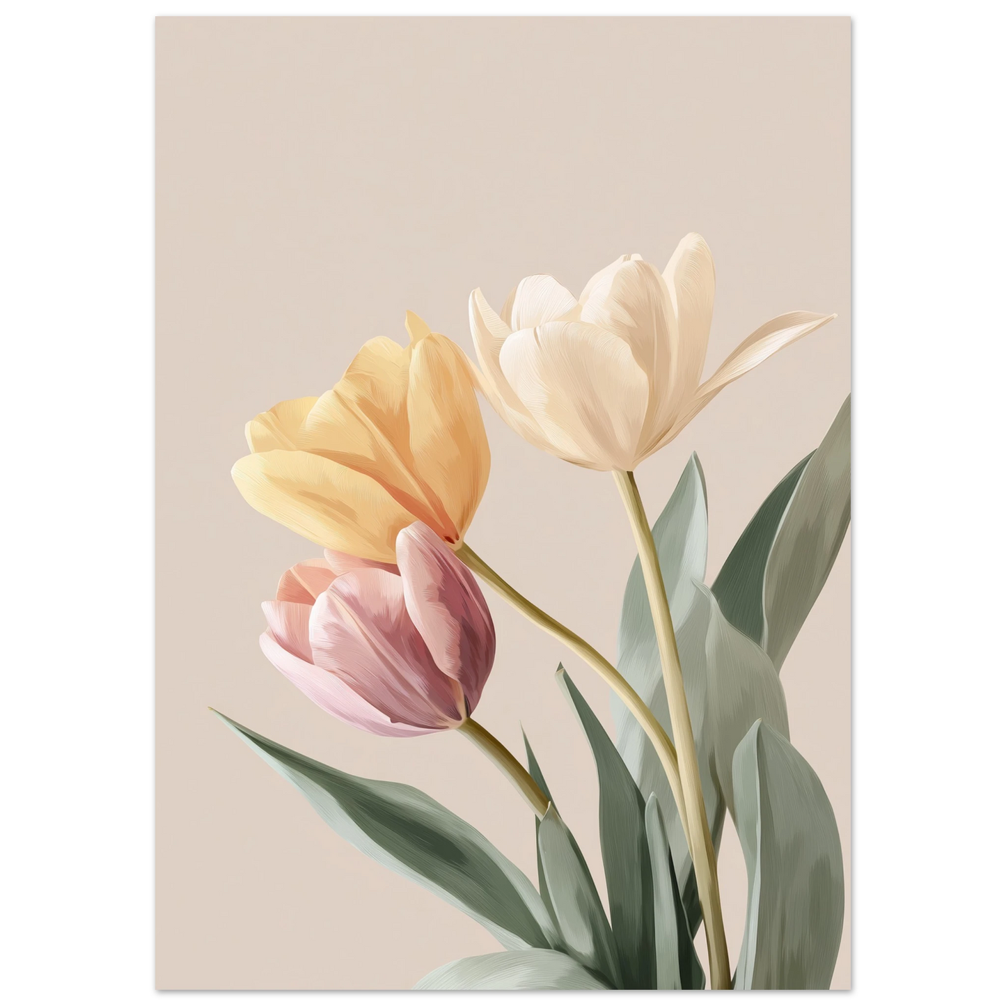 Oljemålning av tre tulpaner i gult, rosa och orange med gröna blad och synliga penseldrag på en dämpad beige bakgrund.