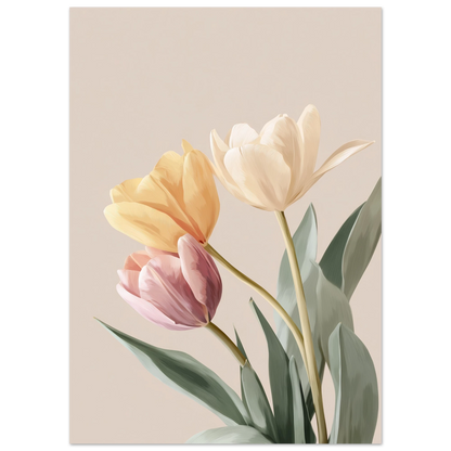 Oljemålning av tre tulpaner i gult, rosa och orange med gröna blad och synliga penseldrag på en dämpad beige bakgrund.