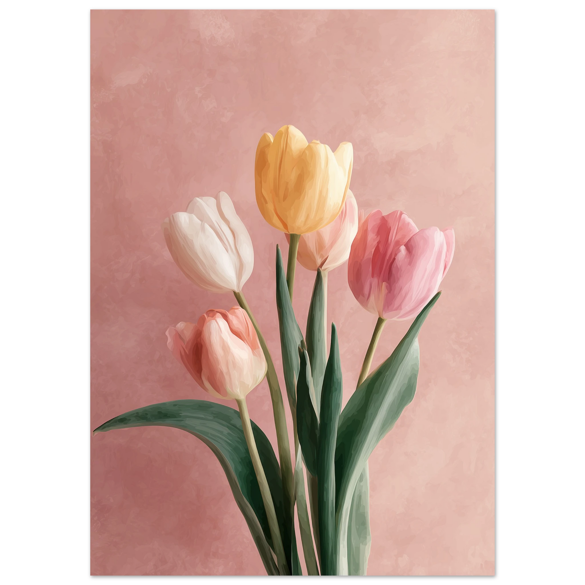 Oljemålning av ett fång tulpaner i mjuka rosa och aprikosa toner mot en varm rosa bakgrund med synliga penseldrag.