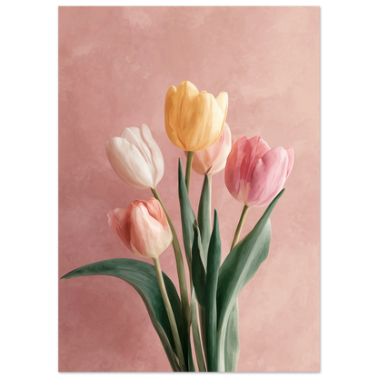 Oljemålning av ett fång tulpaner i mjuka rosa och aprikosa toner mot en varm rosa bakgrund med synliga penseldrag.