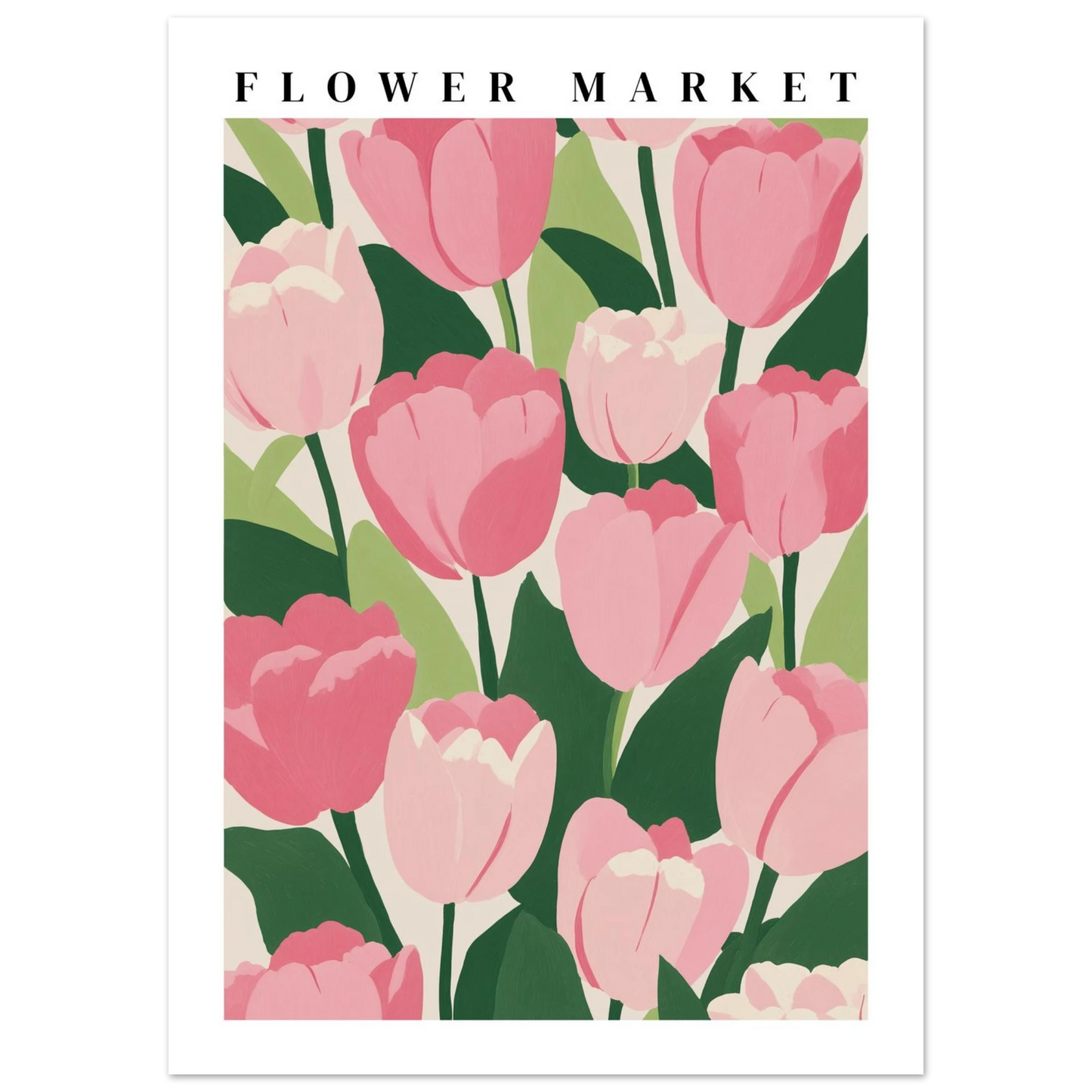 Konstnärlig Flower Market-poster med en stiliserad blombukett i olja med penseldrag i rosa och vitt, inramad av en integrerad vit kant på en beige bakgrund.