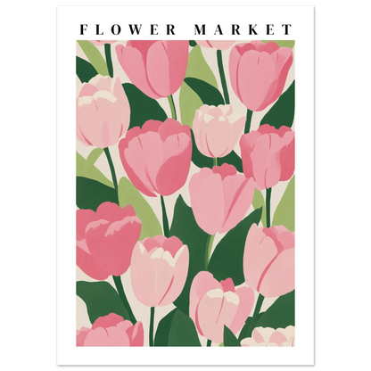 Konstnärlig Flower Market-poster med en stiliserad blombukett i olja med penseldrag i rosa och vitt, inramad av en integrerad vit kant på en beige bakgrund.