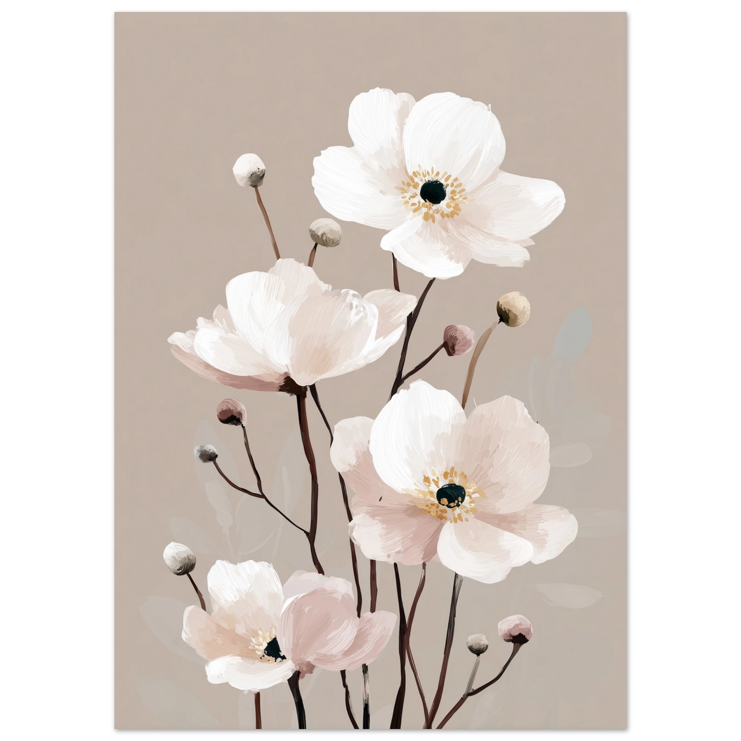Närbild av en vit anemone målad i olja med tjocka, taktila penseldrag i krämvitt och beige.