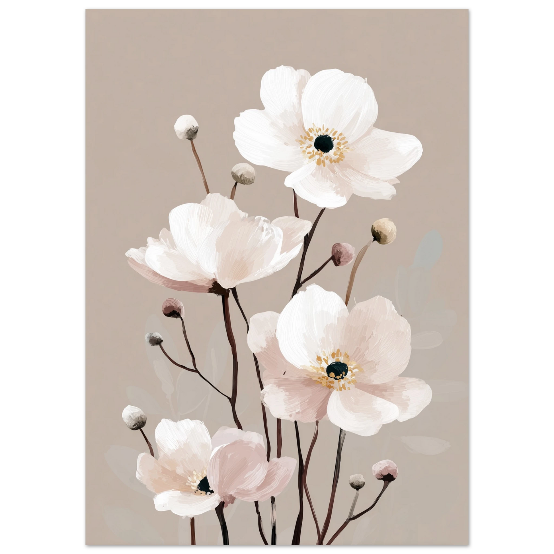 Närbild av en vit anemone målad i olja med tjocka, taktila penseldrag i krämvitt och beige.