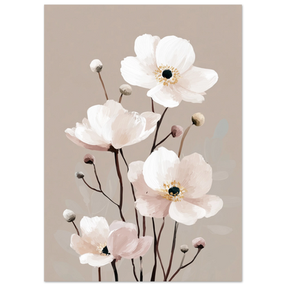 Närbild av en vit anemone målad i olja med tjocka, taktila penseldrag i krämvitt och beige.